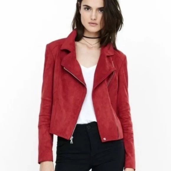 Express - Red Faux Vegan Suede Moto Long Sleeve Lined  Zipper Jacket Size XS - Picture 1 of 13